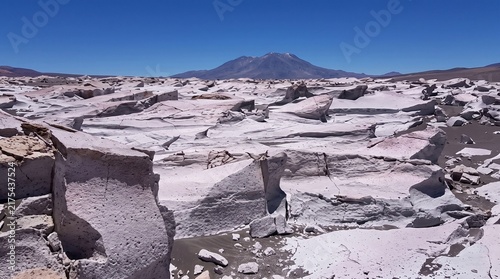 Vast salt flats under clear blue sky with distant mountain view  