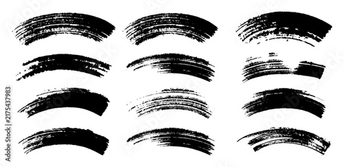 Set of grunge black curved brushstroke lines. Textured vector arc background, distressed paint curved border, artistic ink arch trace, rough hand-drawn swash and dark template for graphic layout