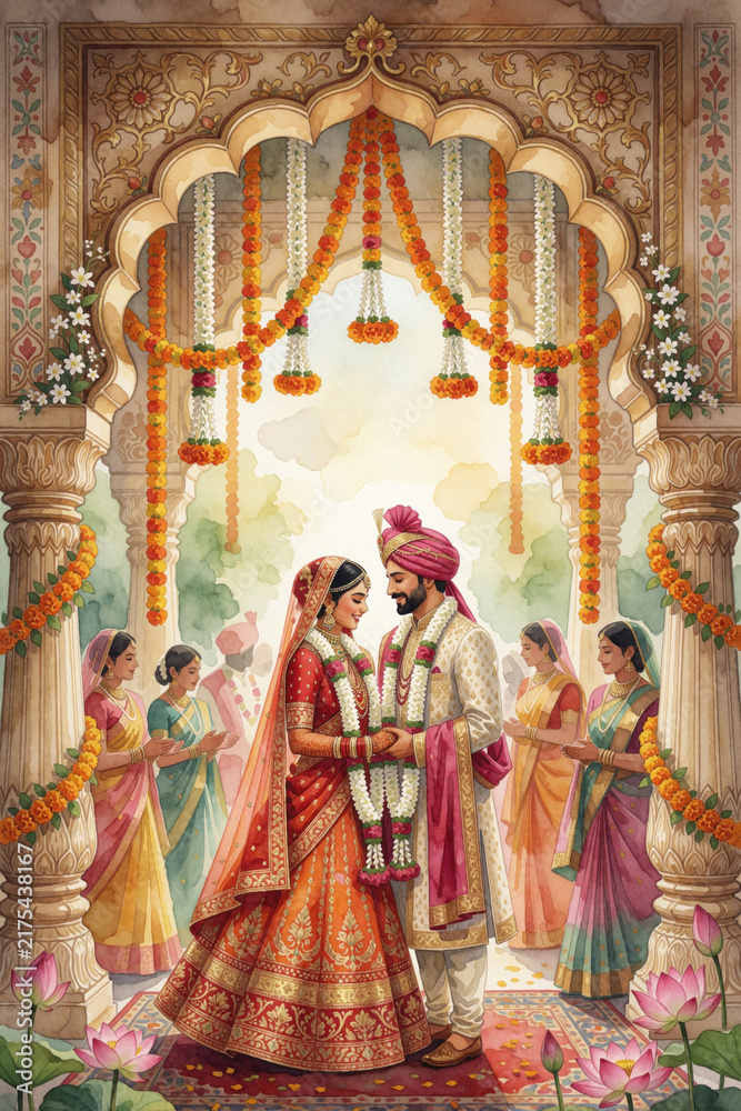 Fototapeta premium Indian wedding ceremony with bride groom holding hands. Ornate arch decorated with marigold flowers. Women in saris attend. Watercolor art style.
