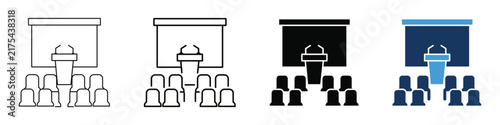 Conference hall presentation podium icon set, audience lecture seminar stage symbol, vector illustration