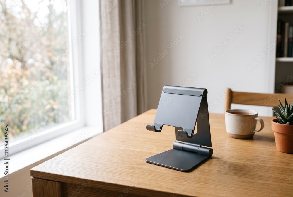 Fototapeta premium Empty folding tablet stand resting on a wooden desk setup