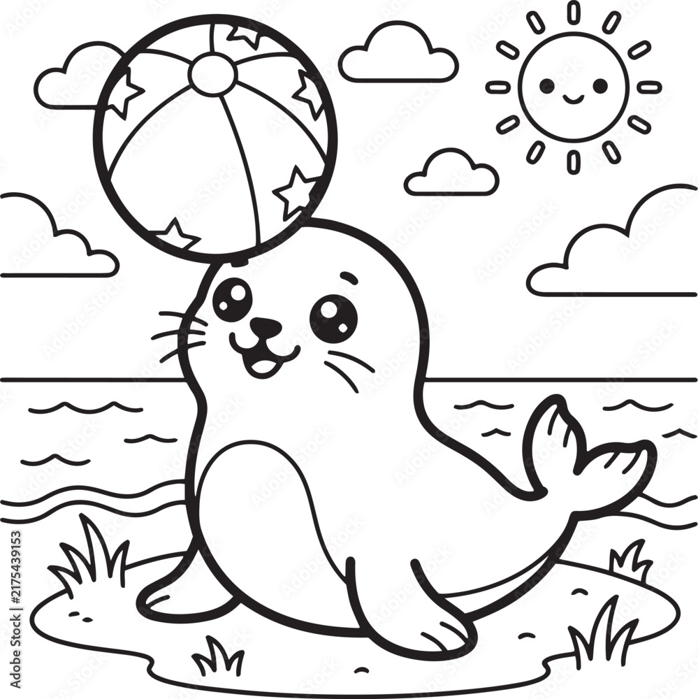Obraz premium Seal balancing a beach ball black and white vector illustration