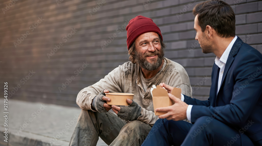 Obraz premium One man sits on the sidewalk holding a bowl while smiling at another man in a suit who has food. They are in a busy urban setting with brick walls around them