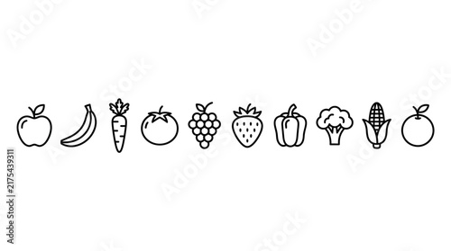 Minimalist line icons depicting a variety of fruits and vegetables in a consistent, stylized design for food-related applications.