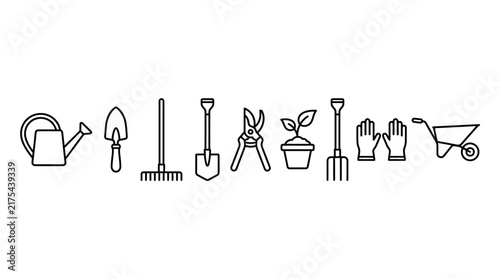 Gardening and outdoor tools icons including a watering can, shovel, rake, shears, and gardening gloves arranged horizontally.