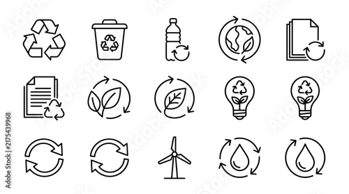 Minimalist line icons representing sustainable recycling and eco-friendly environmental conservation concepts.