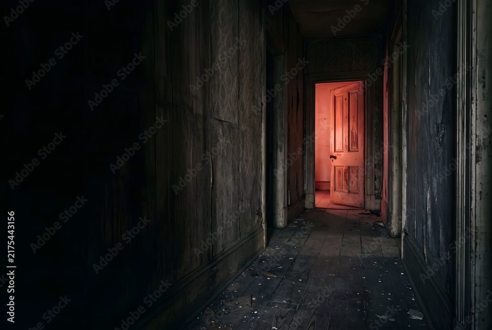 Fototapeta premium Haunted house hallway with a red light behind an open door
