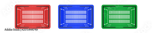 Empty plastic shopping basket. Red, blue and green store empty basket. Supermarket shopping cart. Top view.