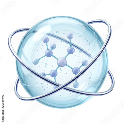 Translucent blue atomic molecule sphere with orbital rings, isolated on a transparent background for science education, medical publishing, editorial layouts, website banners, and social media