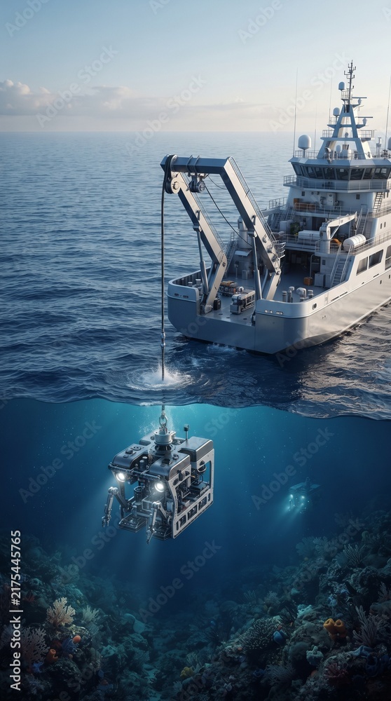 Obraz premium Advanced Oceanographic Research Vessel Deploying ROV for Deep Seabed Inspection
