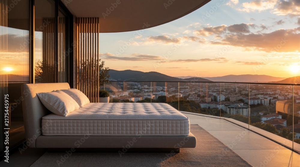 Obraz premium Luxury bed with white mattress, pillows sits on modern balcony. Comfortable furniture overlooks urban city skyline at sunset. Scenic mountain view, golden sky create peaceful atmosphere. Elegant