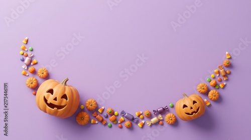 Two carved jack o lanterns surrounded by scattered colorful candies forming a crescent shape on purple background