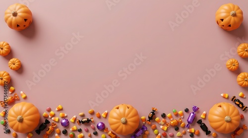 Festive halloween background with decorative pumpkins and colorful confetti on a soft pink surface with copy space