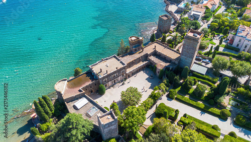 Aerial view of the Château de la Napoule, a medieval castle located in Mandelieu on the French Riviera coastline