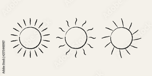 Grunge sun silhouette icon set. Distressed line art sunburst vector symbols