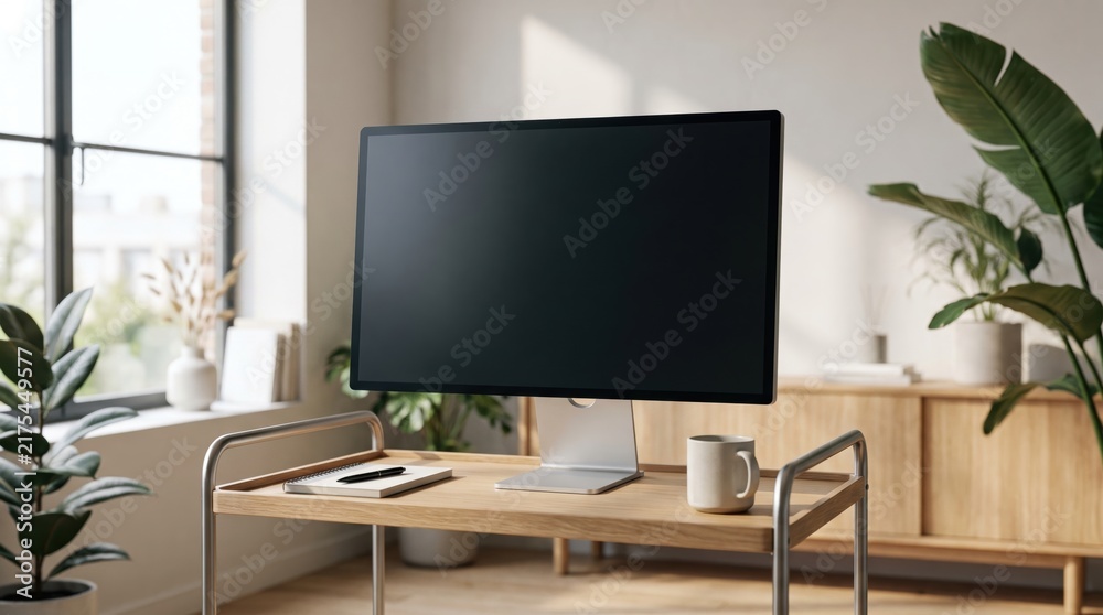 Fototapeta premium Blank modern computer monitor set up on a minimalist wooden standing desk with a plant
