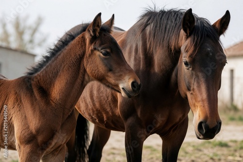 Brown mare stands with newborn foal. Equine mother and baby share tender moment on farm. Animal pair demonstrates natural care and affection outdoors.