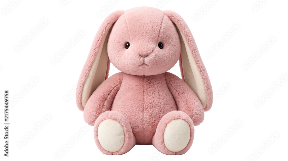 Fototapeta premium Cute pink plush bunny rabbit toy sitting and looking forward with big ears for children's room decor.