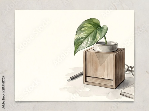Minimalist wooden desk organizer, potted green leaf plant, workspace stationery