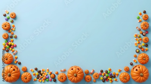 Autumn harvest border with orange pumpkins and colorful berries on a light blue background