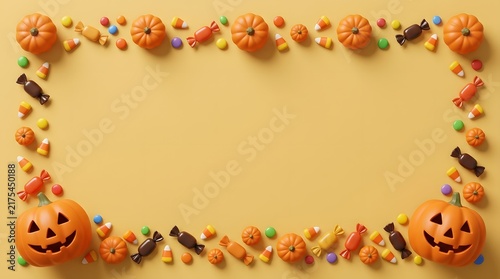 Halloween background frame made of small pumpkins and assorted candies on a light orange surface