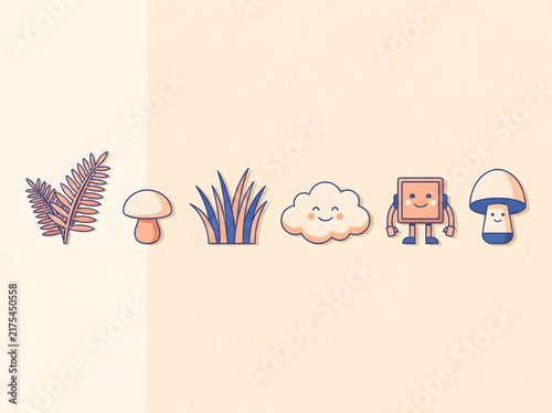 Cute nature icons, kawaii character set, pastel forest elements for web design