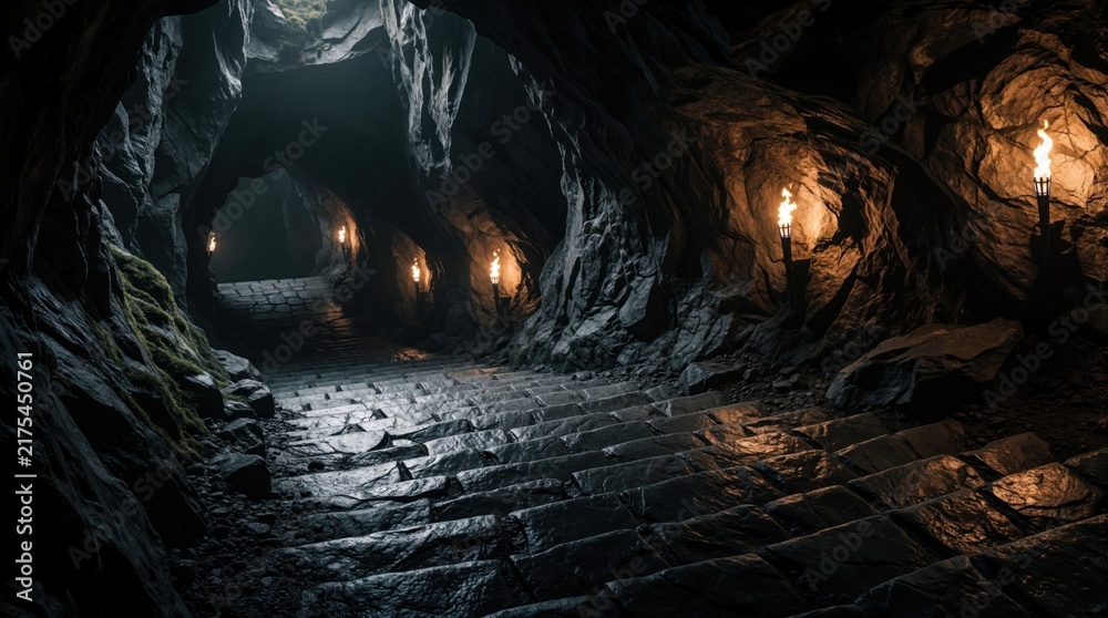 Fototapeta premium Stone stairs descend into a dark cave illuminated by flickering torches. Moss grows on rocky walls, hinting at ancient passages and hidden depths. Explore the mysterious underground.