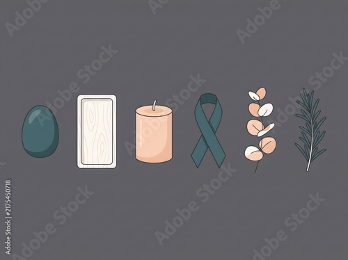 Minimalist memorial icons, funeral symbols set, mourning candle and ribbon
