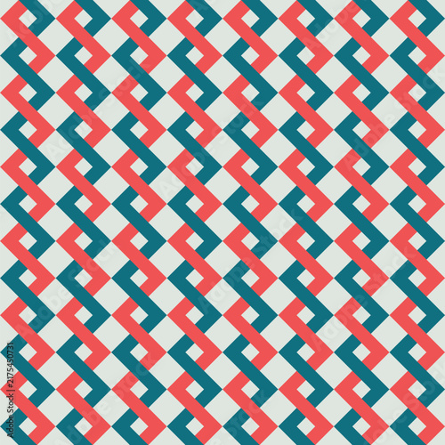 Abstract seamless spiral pink-red and jade helix pattern on a pale grey background