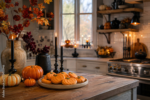 A long table in a dark modern dining room is set with black tableware, pumpkins, lanterns and autumn branches. Candlelight creates a sophisticated mood for seasonal entertaining.