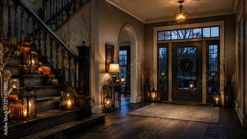 The home foyer is styled with pumpkins, lanterns, candles and dry branches. Autumn evening light creates a calm, welcoming and polished seasonal atmosphere.