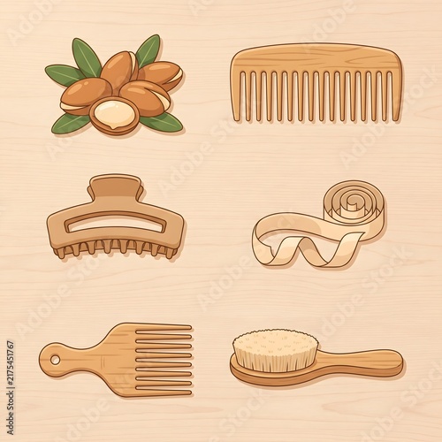 Wooden hair care set, argan oil nuts, natural beauty tools and accessories