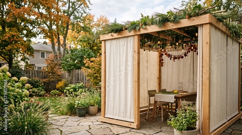 Modern wooden sukkah with open roof covered in fresh green schach, cream fabric walls in residential backyard, sukkot celebration space