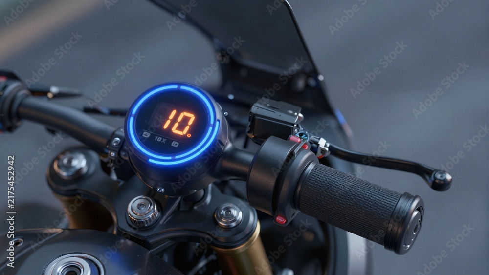 Fototapeta premium Close-up of a futuristic motorcycle dashboard with glowing digital display and smart engine valve indicators.