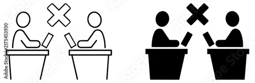 Icon of two people sitting at desks with a cross symbol between them