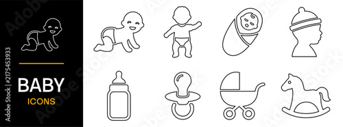 Set of baby icons, including baby crawling, newborn, baby bottle, pacifier, stroller, and rocking horse, vector illustration