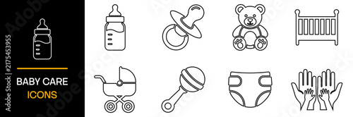 Set of baby care icons including bottle, pacifier, teddy bear, crib, stroller, rattle