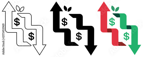 Set of financial arrows with dollar signs and leaf icons