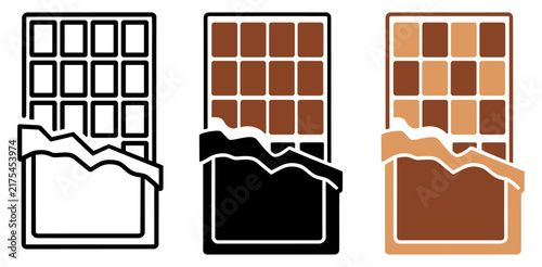 Set of three chocolate bar icons in different styles