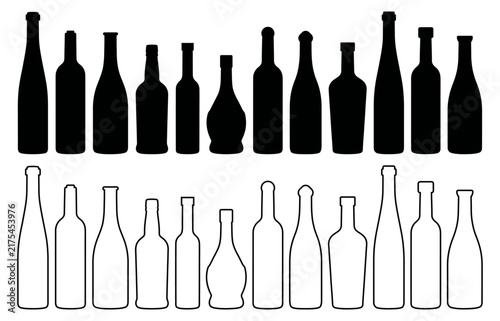 Set of various glass bottle silhouettes isolated on white background