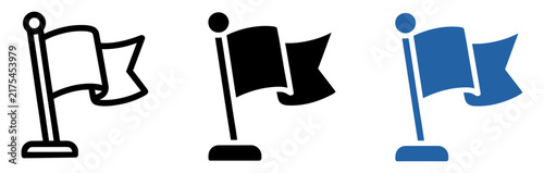 Set of three flag icons in outline, solid black, and blue styles