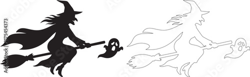 Bild auf Leinwand Black silhouette and outline of a witch flying on a broomstick with a spooky gho