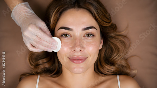 Gloved hand cleansing woman face gently with cotton pad during gentle skincare facial beauty routine