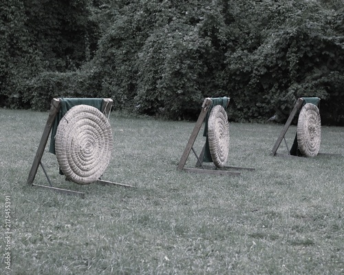 Obraz na płótnie Traditional Archery Targets on Green Grass
Description: Traditional archery targets placed on a grassy field in an outdoor setting