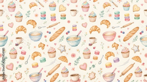 Watercolor bakery pattern with croissants, cupcakes, and bread on a light background