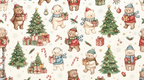 Watercolor Christmas seamless pattern with cute bears and decorated pine trees