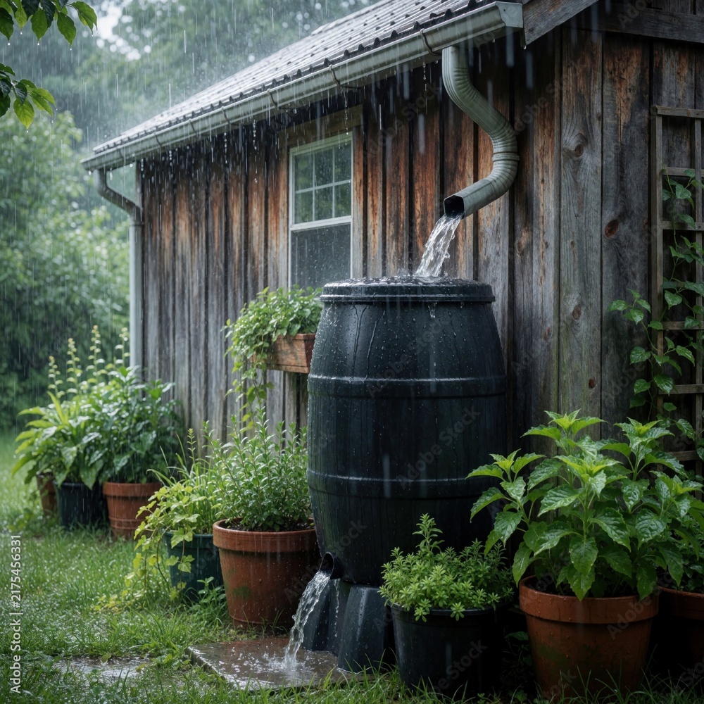 Obraz premium Black rain barrel collects water from roof gutter during heavy rain. Eco friendly system stores liquid for garden next to wooden shed. Green plants in terracotta pots grow in rich backyard.