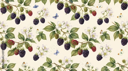 Watercolor Blackberry Pattern with Flowers and Butterflies Seamless Botanical Illustration