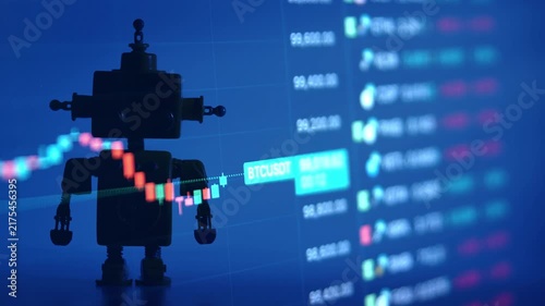 A dynamic timelapse video featuring fast moving stock market candlestick charts blended with a cute robot silhouette, representing artificial intelligence in trading, automated finance, and future mar