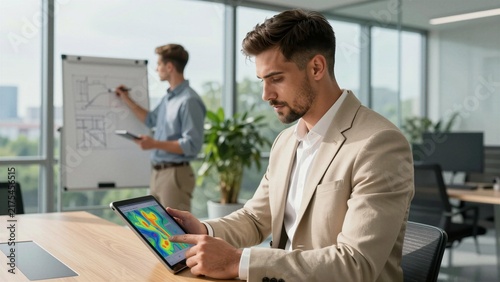 Professional architect reviews thermal simulation data on tablet while colleague sketches building plans in modern office.